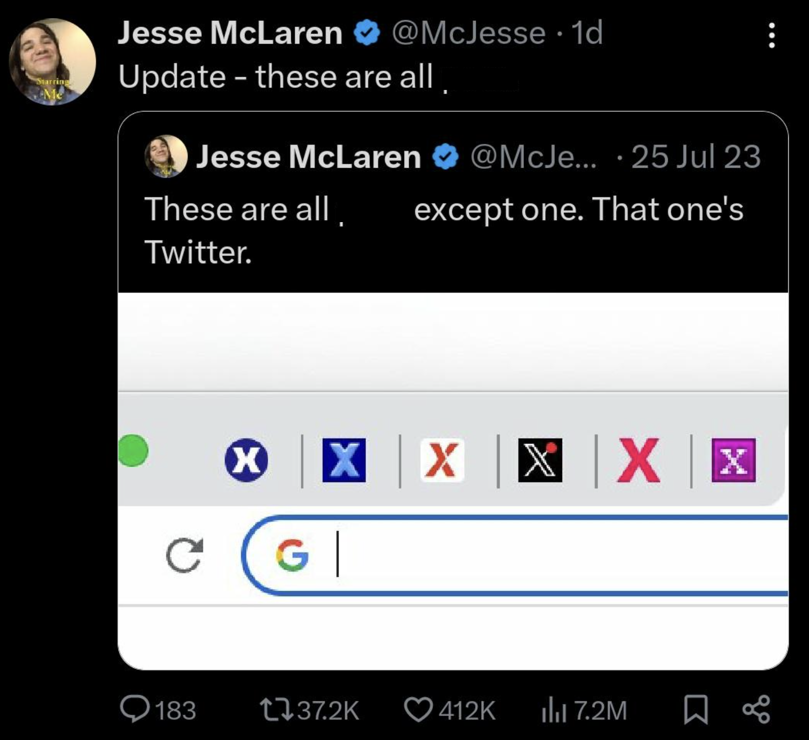 screenshot - Jesse McLaren . 1d Update these are all Jesse McLaren These are all Twitter. ... 25 Jul 23 except one. That one's X X X X X Gi 183 7.2M